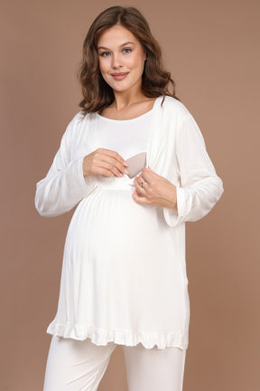 Breastfeeding Detailed 3-Piece Maternity-Nursing Pajama & Robe Set Ecru - 624
