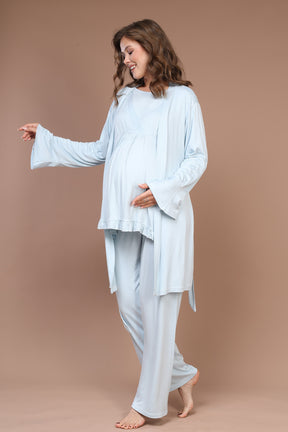 Breastfeeding Detailed 3-Piece Maternity-Nursing Pajama & Robe Set Blue - 625
