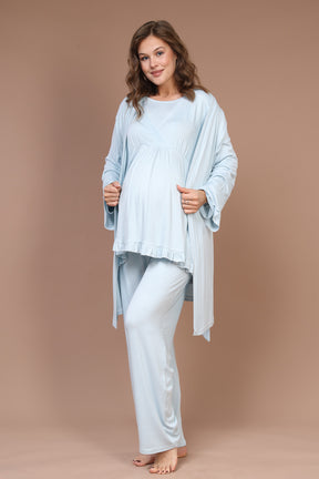 Breastfeeding Detailed 3-Piece Maternity-Nursing Pajama & Robe Set Blue - 625