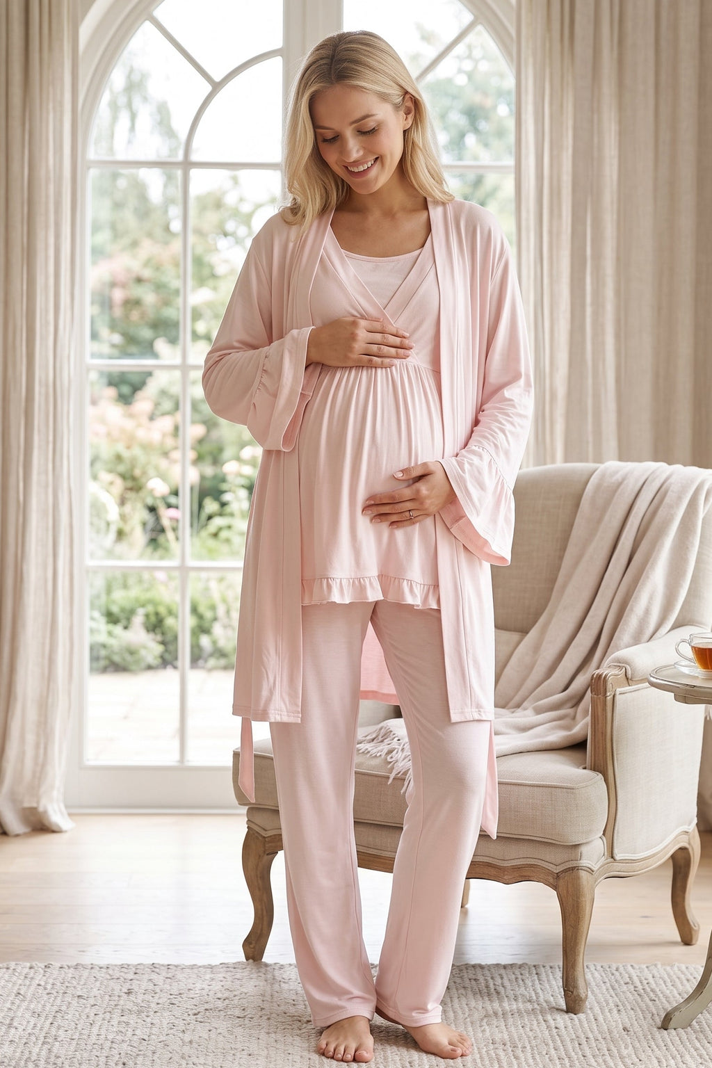 Breastfeeding Detailed 3-Piece Maternity Feeding-Friendly Pajama & Robe Set Pink - L625