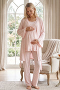 Breastfeeding Detailed 3-Piece Maternity Feeding-Friendly Pajama & Robe Set Pink - L625