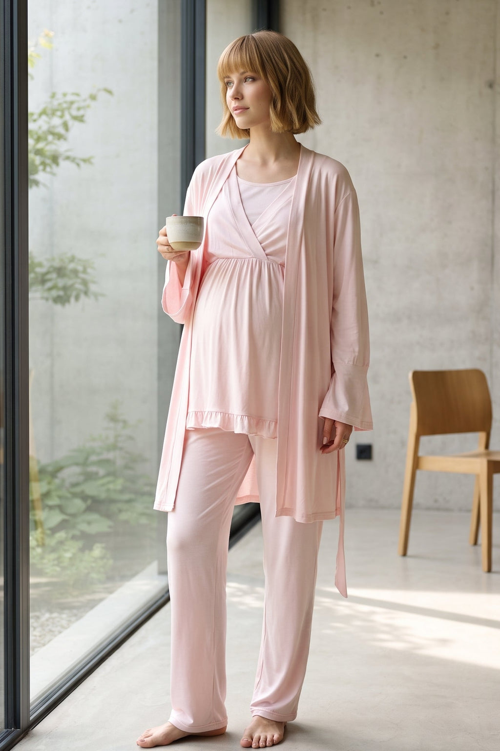 Breastfeeding Detailed 3-Piece Maternity Feeding-Friendly Pajama & Robe Set Pink - L625