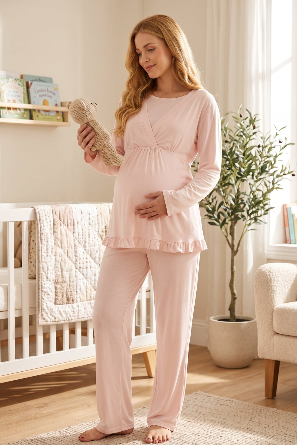 Breastfeeding Detailed 3-Piece Maternity Feeding-Friendly Pajama & Robe Set Pink - L625