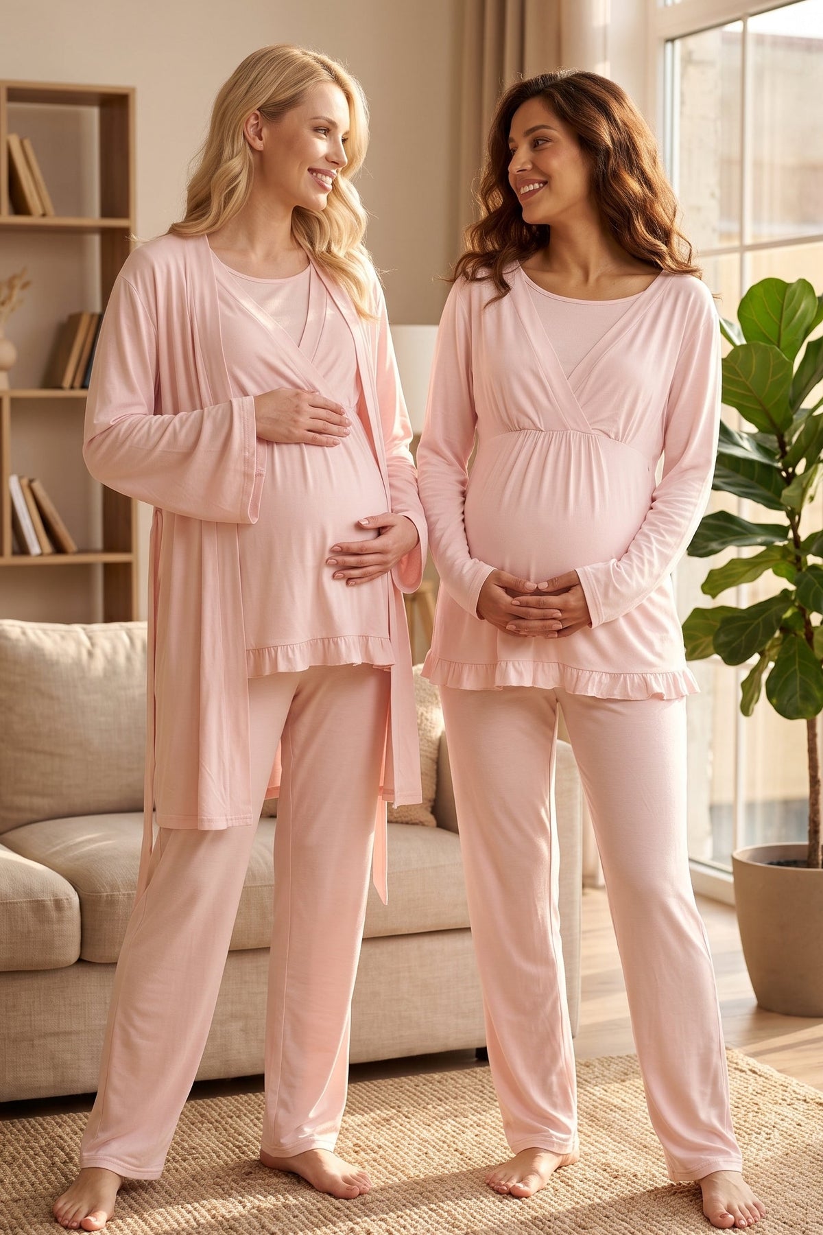 Breastfeeding Detailed 3-Piece Maternity Feeding-Friendly Pajama & Robe Set Pink - L625