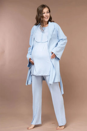 Collar Detailed 3-Piece Maternity-Nursing Pajama & Robe Set Blue - 626