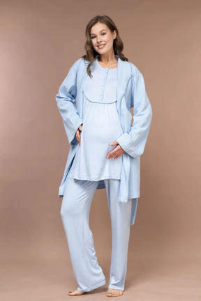 Collar Detailed 3-Piece Maternity-Nursing Pajama & Robe Set Blue - 626