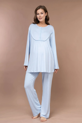 Collar Detailed 3-Piece Maternity-Nursing Pajama & Robe Set Blue - 626