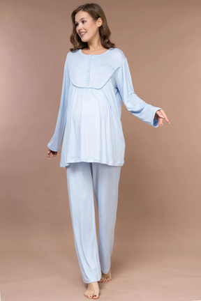 Collar Detailed 3-Piece Maternity-Nursing Pajama & Robe Set Blue - 626
