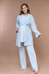 Collar Detailed 3-Piece Maternity-Nursing Pajama & Robe Set Blue - 626