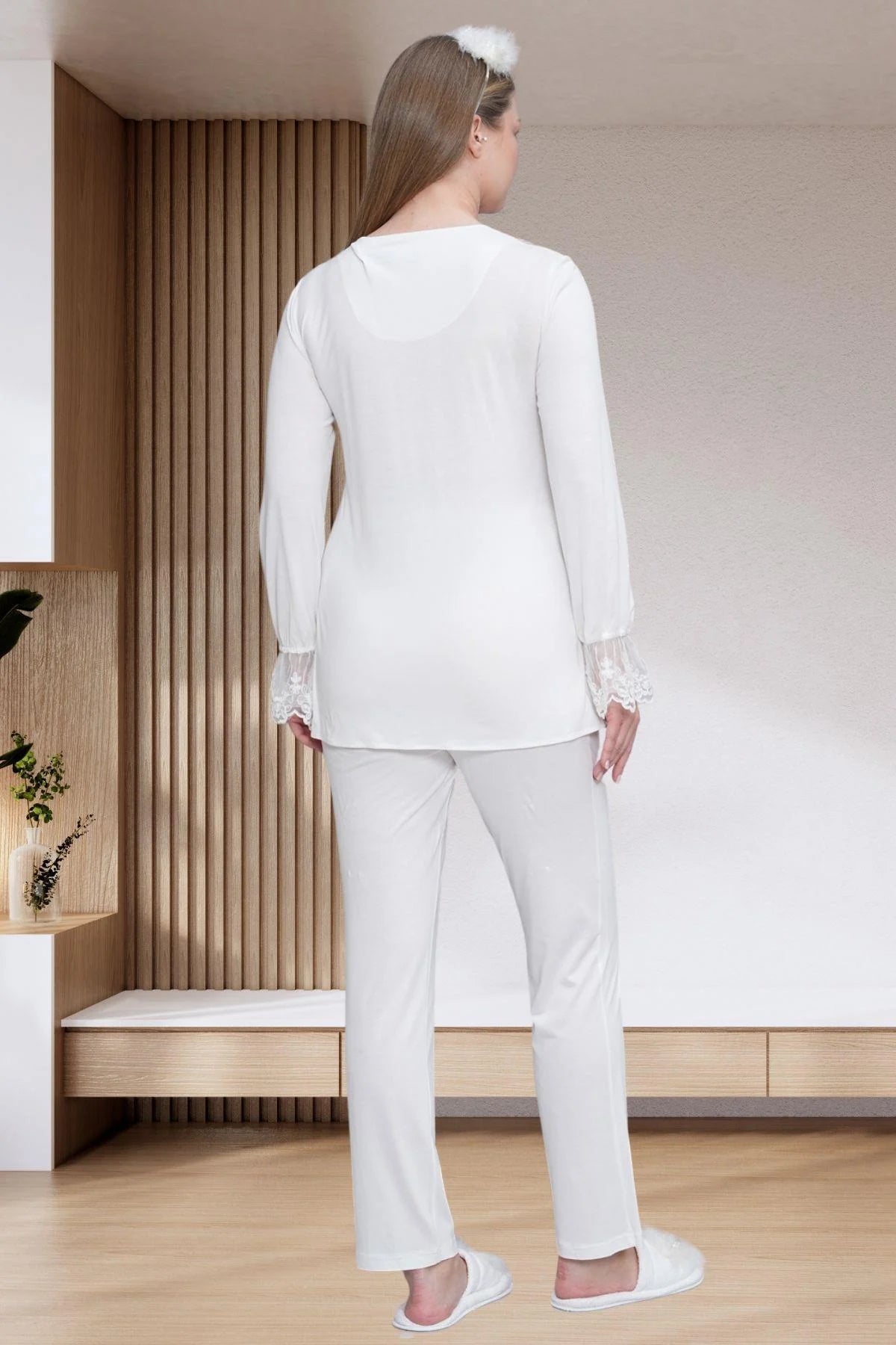 Lace Embroidered Maternity & Nursing Pajama Set Ecru - 6300