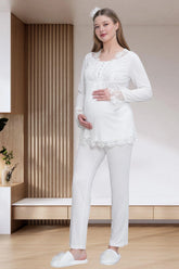 Lace Embroidered Maternity & Nursing Pajama Set Ecru - 6300