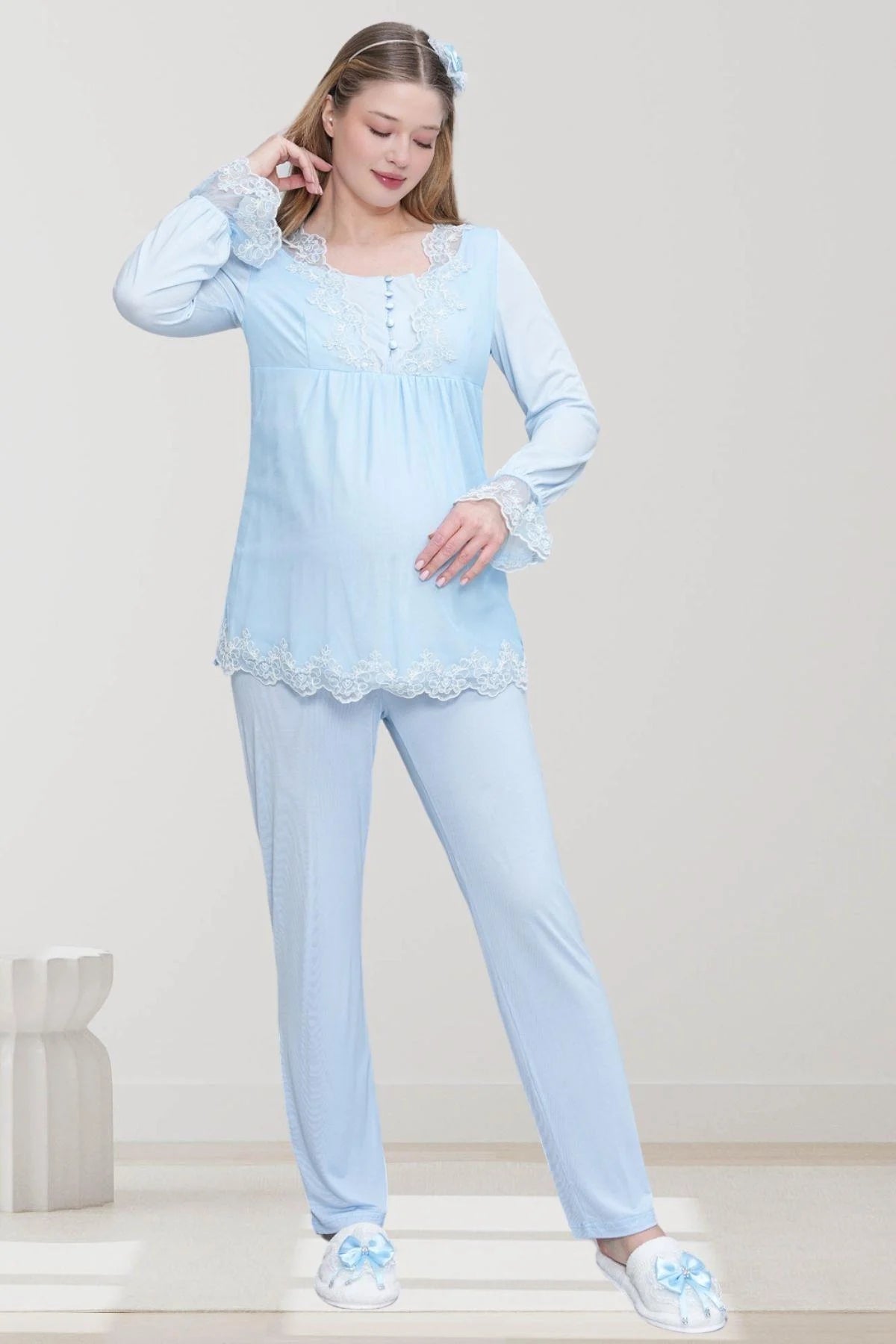 Lace Embroidered Maternity & Nursing Pajama Set Blue - 6300