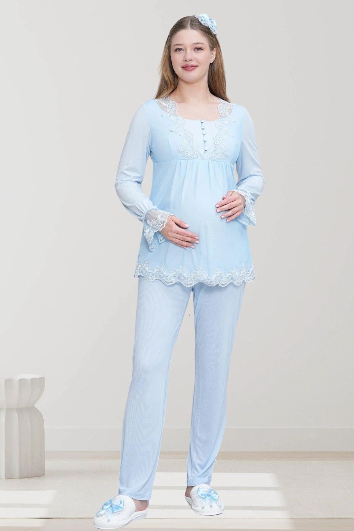 Lace Embroidered Maternity & Nursing Pajama Set Blue - 6300
