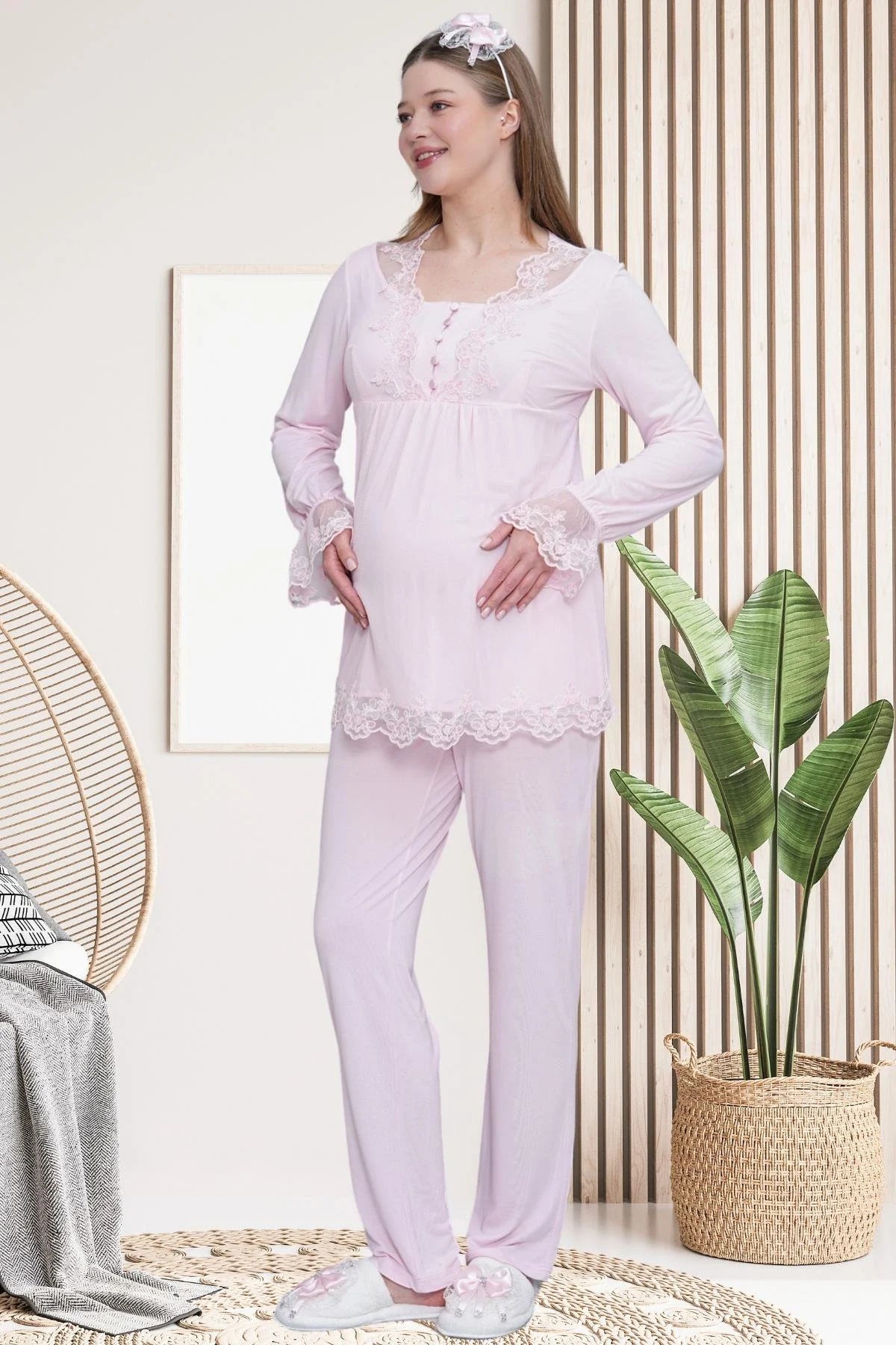 Lace Embroidered Maternity & Nursing Pajama Set Pink - 6300