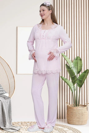 Lace Embroidered Maternity & Nursing Pajama Set Pink - 6300