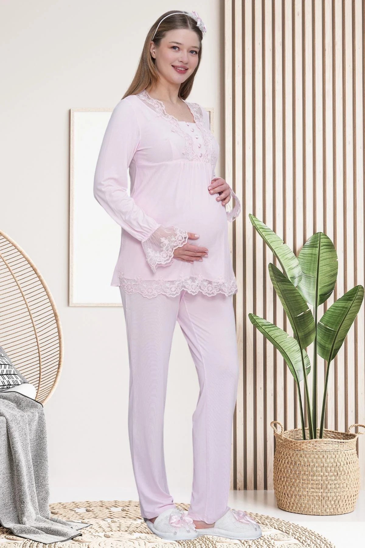 Lace Embroidered Maternity & Nursing Pajama Set Pink - 6300