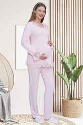 Lace Embroidered Maternity & Nursing Pajama Set Pink - 6300