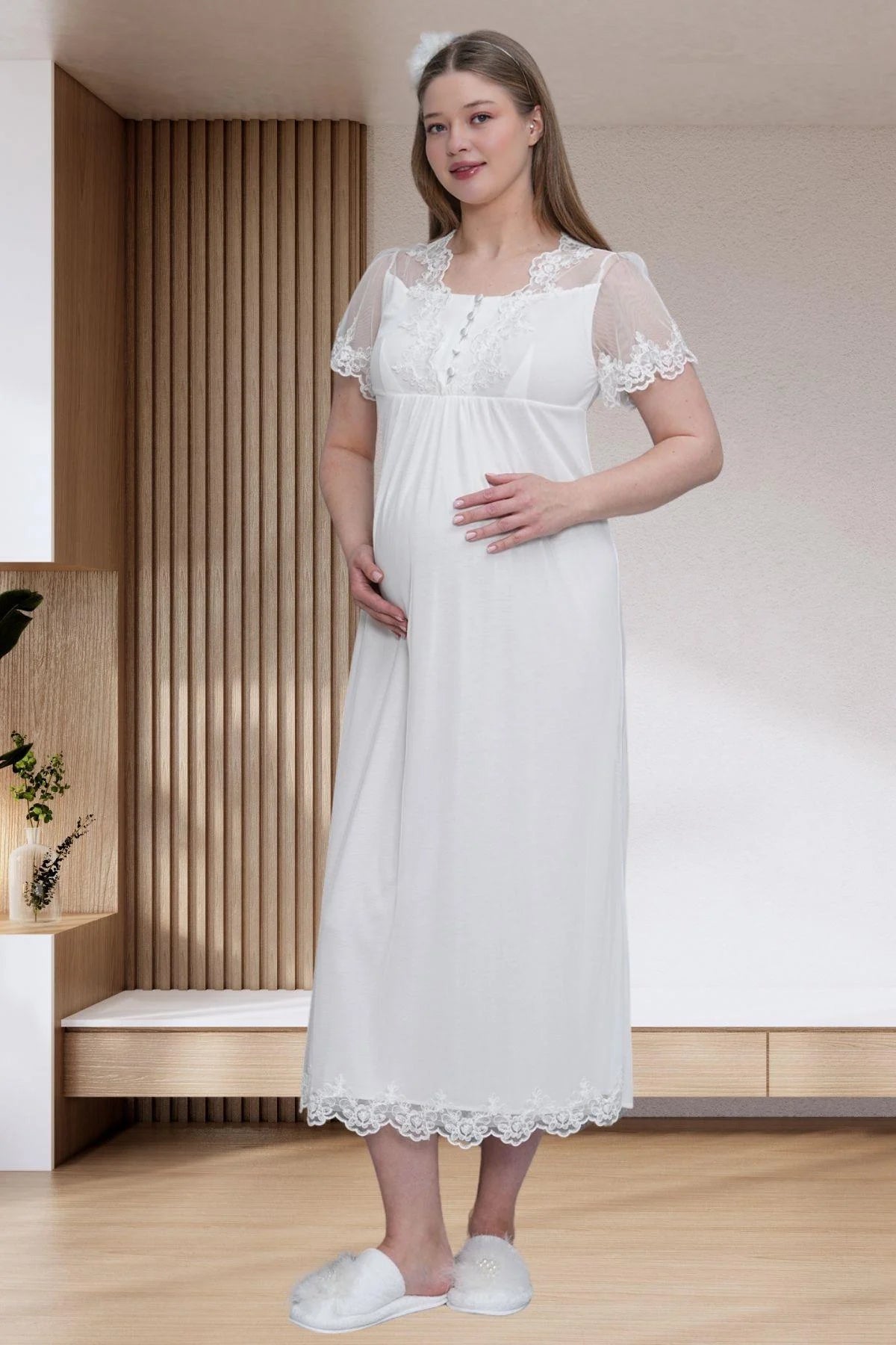Lace Embroidered Maternity-Nursing Nightgown & Satin Robe Set Ecru - 6301