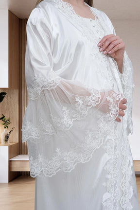 Lace Embroidered Maternity-Nursing Nightgown & Satin Robe Set Ecru - 6301