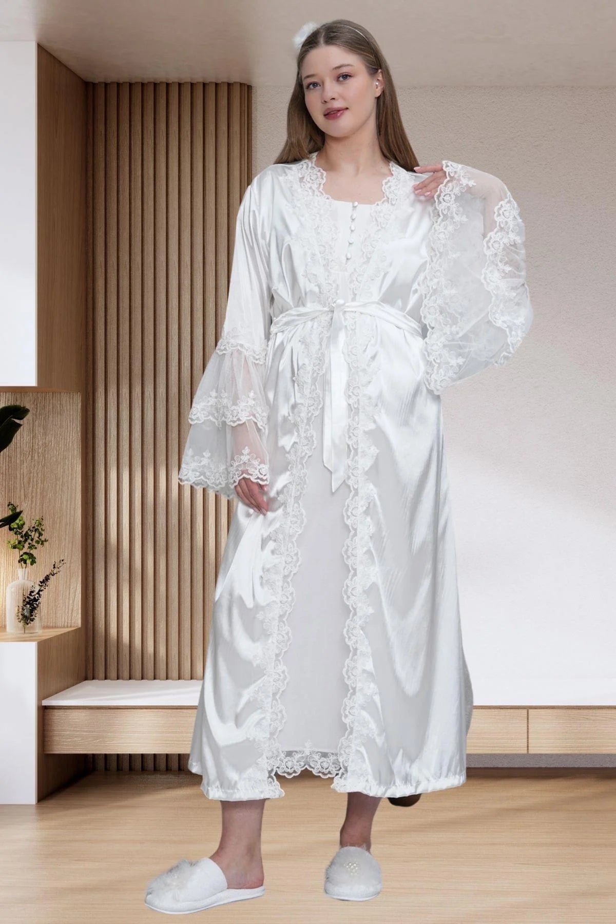 Lace Embroidered Maternity-Nursing Nightgown & Satin Robe Set Ecru - 6301