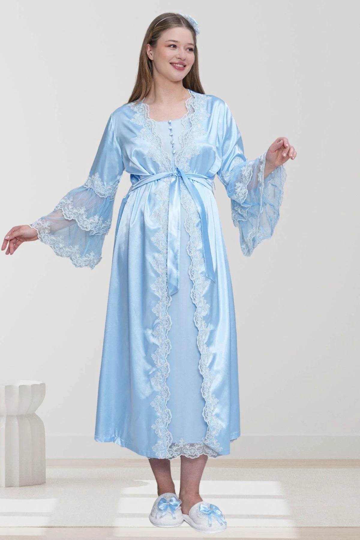 Lace Embroidered Maternity-Nursing Nightgown & Satin Robe Set Blue - 6301