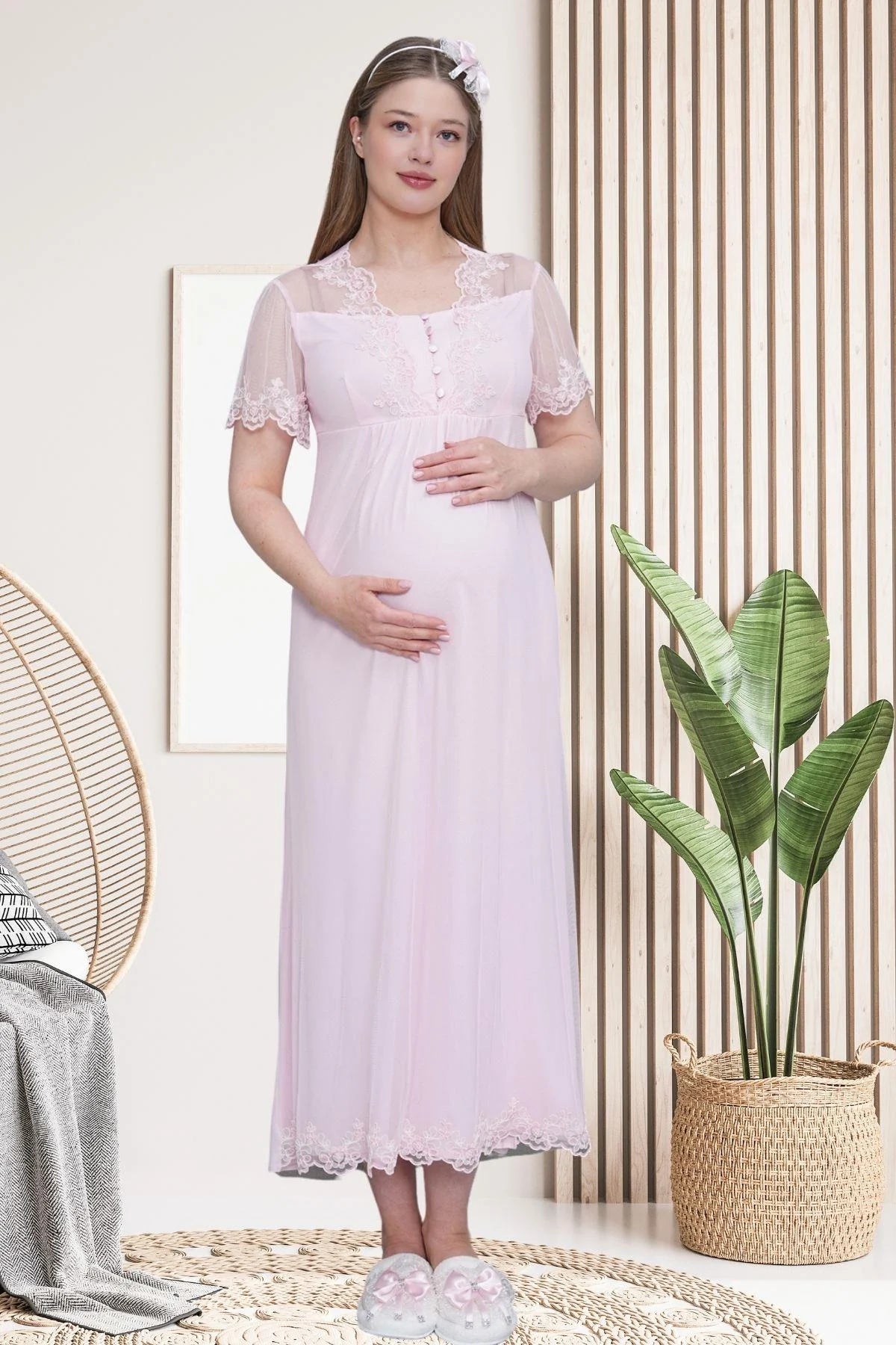 Lace Embroidered Maternity-Nursing Nightgown & Satin Robe Set Pink - 6301