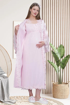 Lace Embroidered Maternity-Nursing Nightgown & Satin Robe Set Pink - 6301