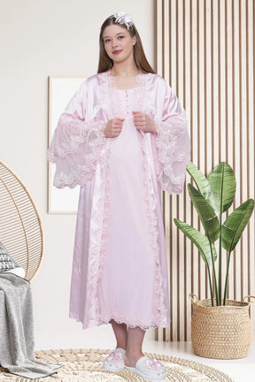 Lace Embroidered Maternity-Nursing Nightgown & Satin Robe Set Pink - 6301