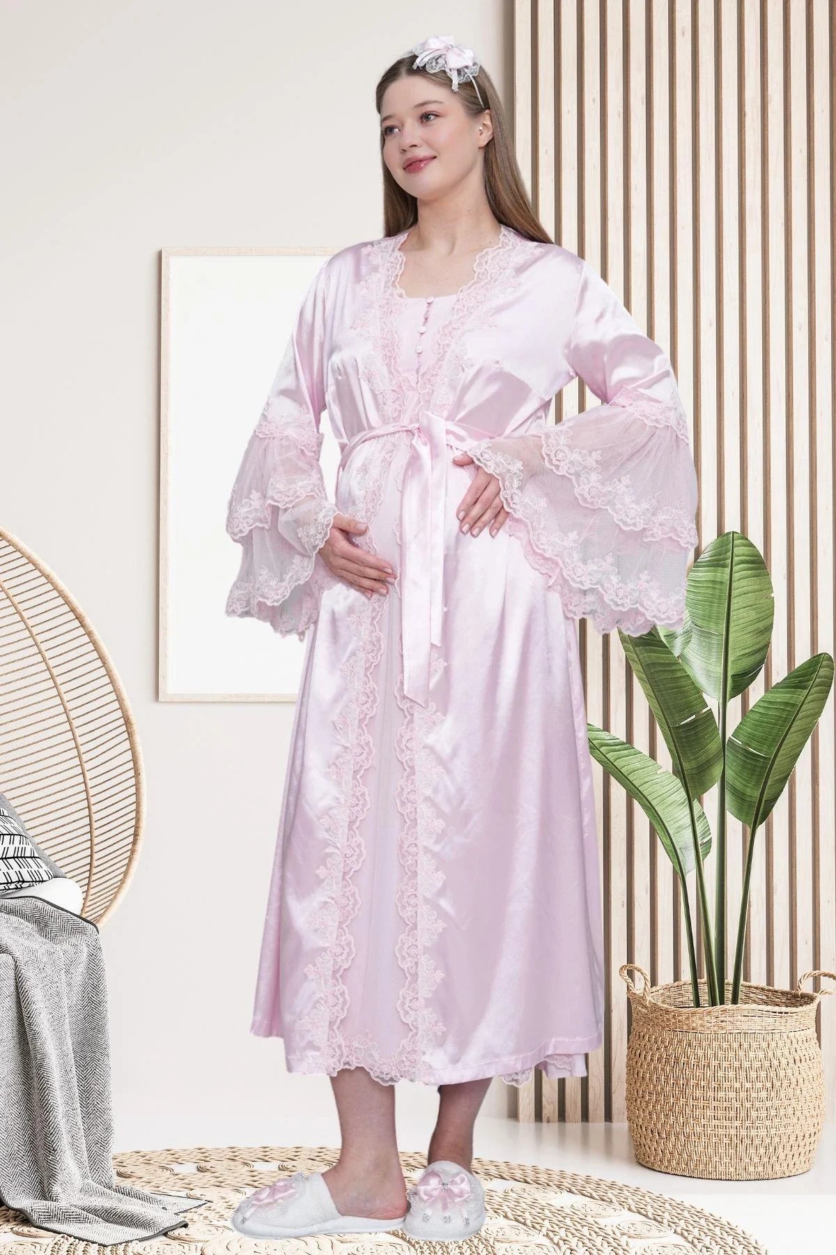 Lace Embroidered Maternity-Nursing Nightgown & Satin Robe Set Pink - 6301