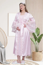 Lace Embroidered Maternity-Nursing Nightgown & Satin Robe Set Pink - 6301