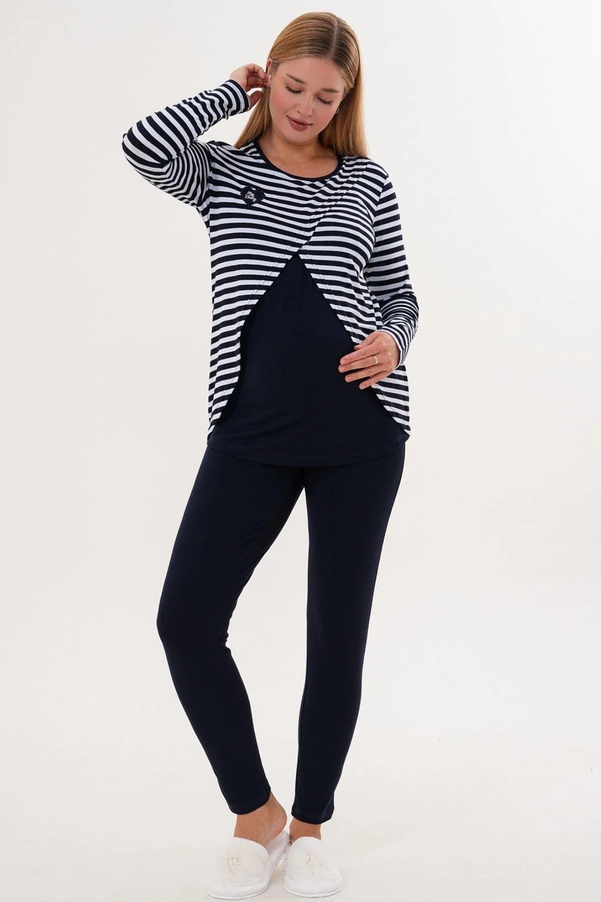 Relaxable Easy Breastfeeding Maternity & Nursing Pajama Set Navy Blue - 6303