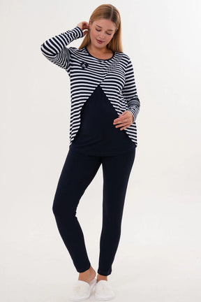 Relaxable Easy Breastfeeding Maternity & Nursing Pajama Set Navy Blue - 6303