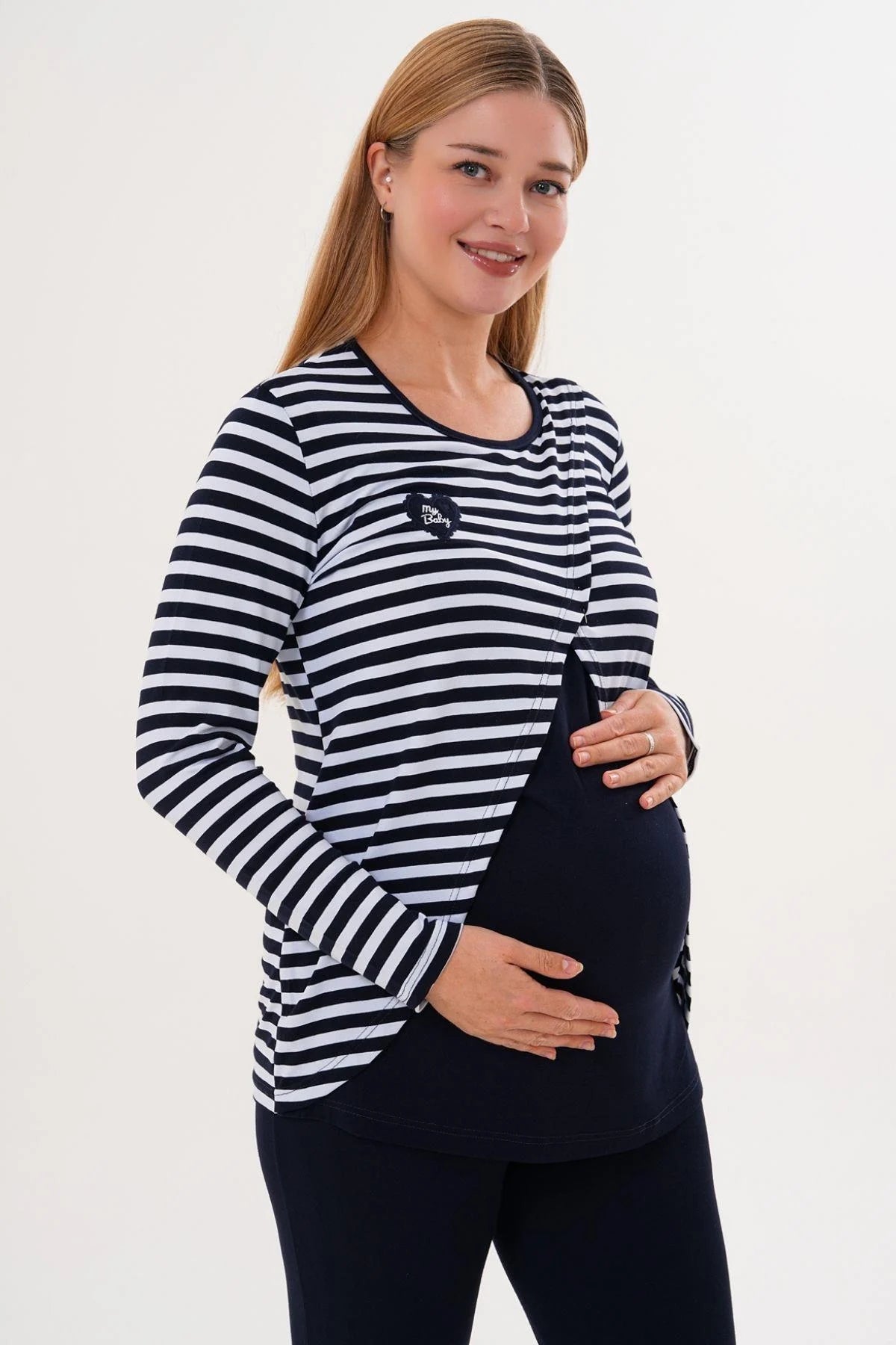 Relaxable Easy Breastfeeding Maternity & Nursing Pajama Set Navy Blue - 6303