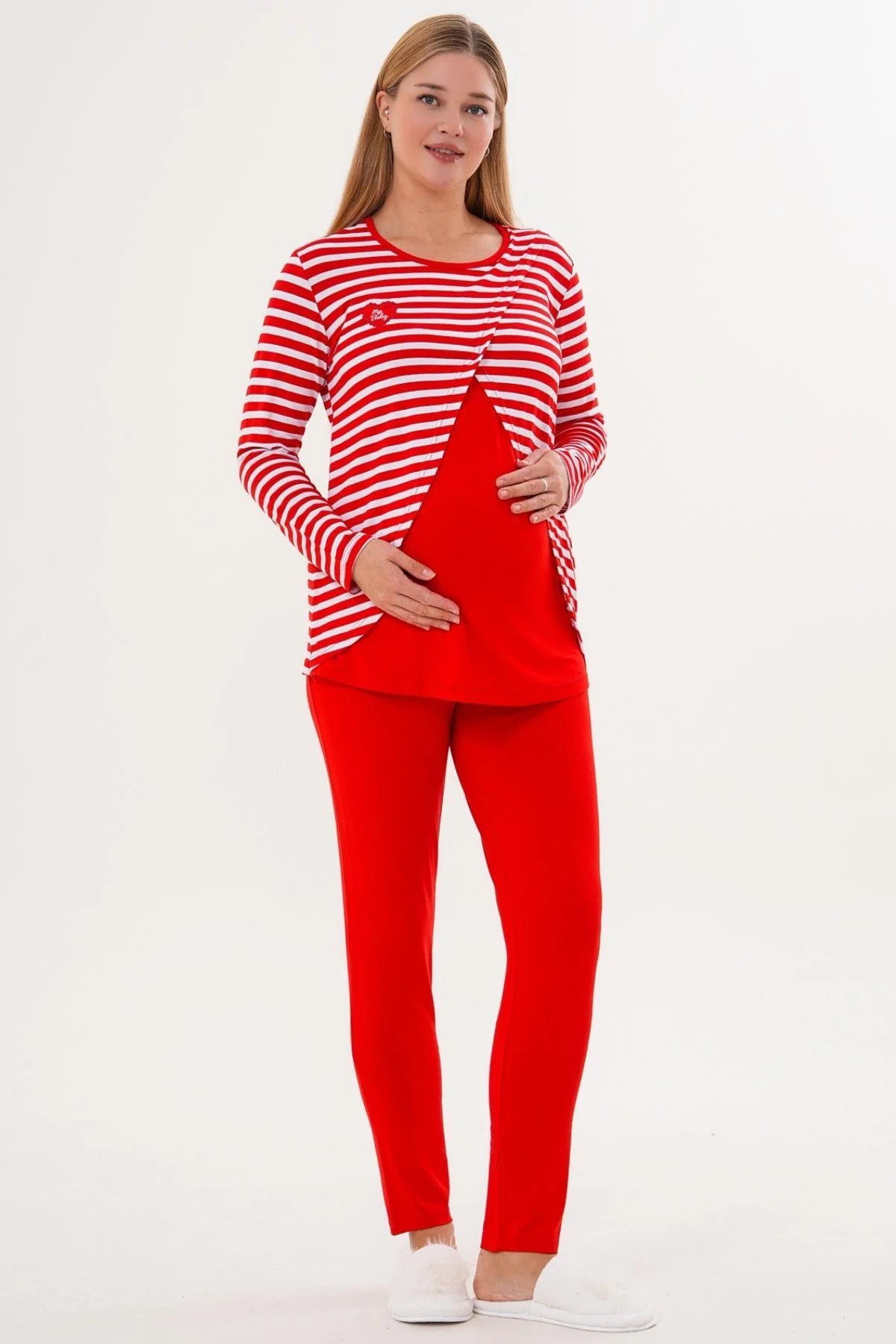 Relaxable Easy Breastfeeding Maternity & Nursing Pajama Set Red - 6303