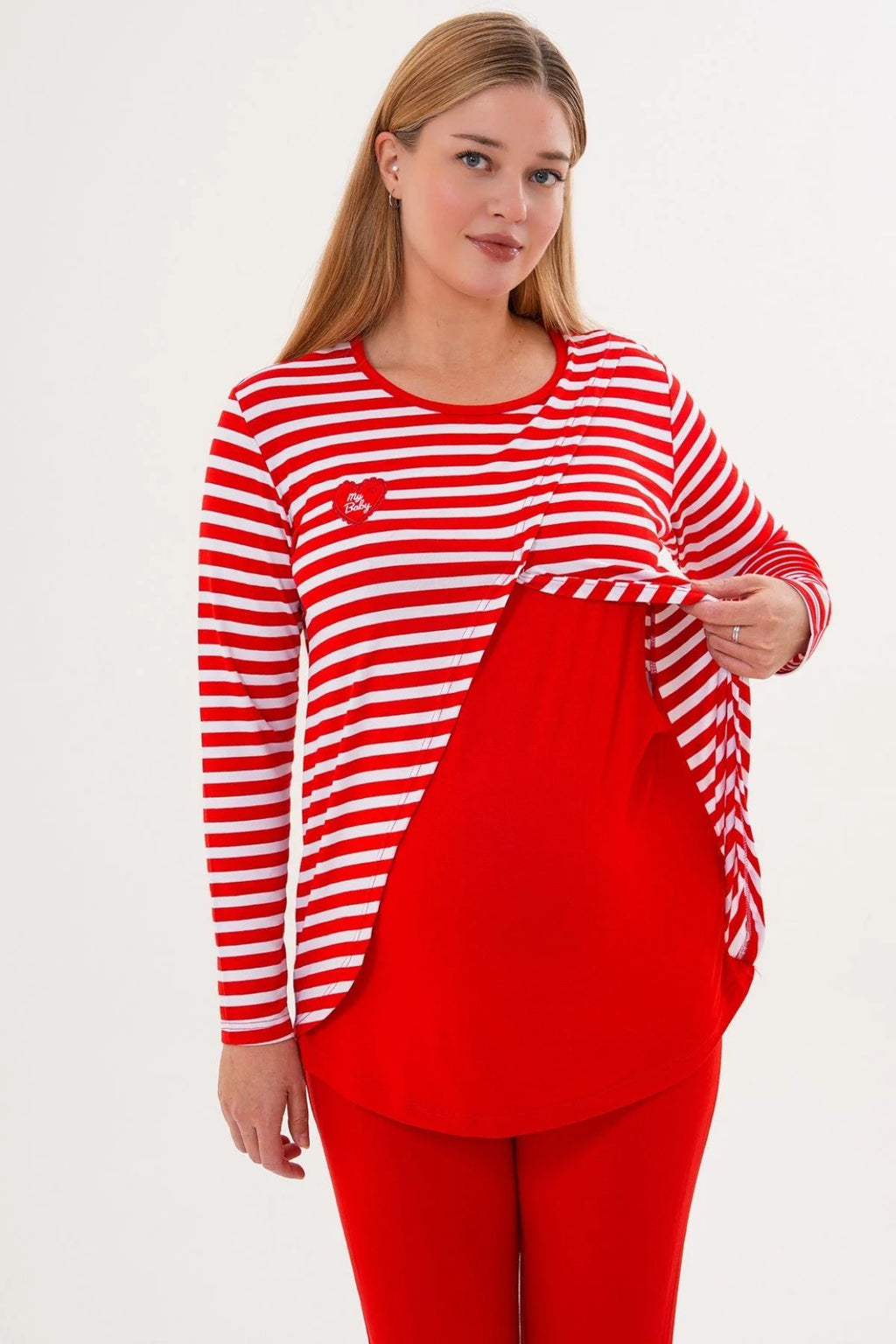 Relaxable Easy Breastfeeding Maternity & Nursing Pajama Set Red - 6303