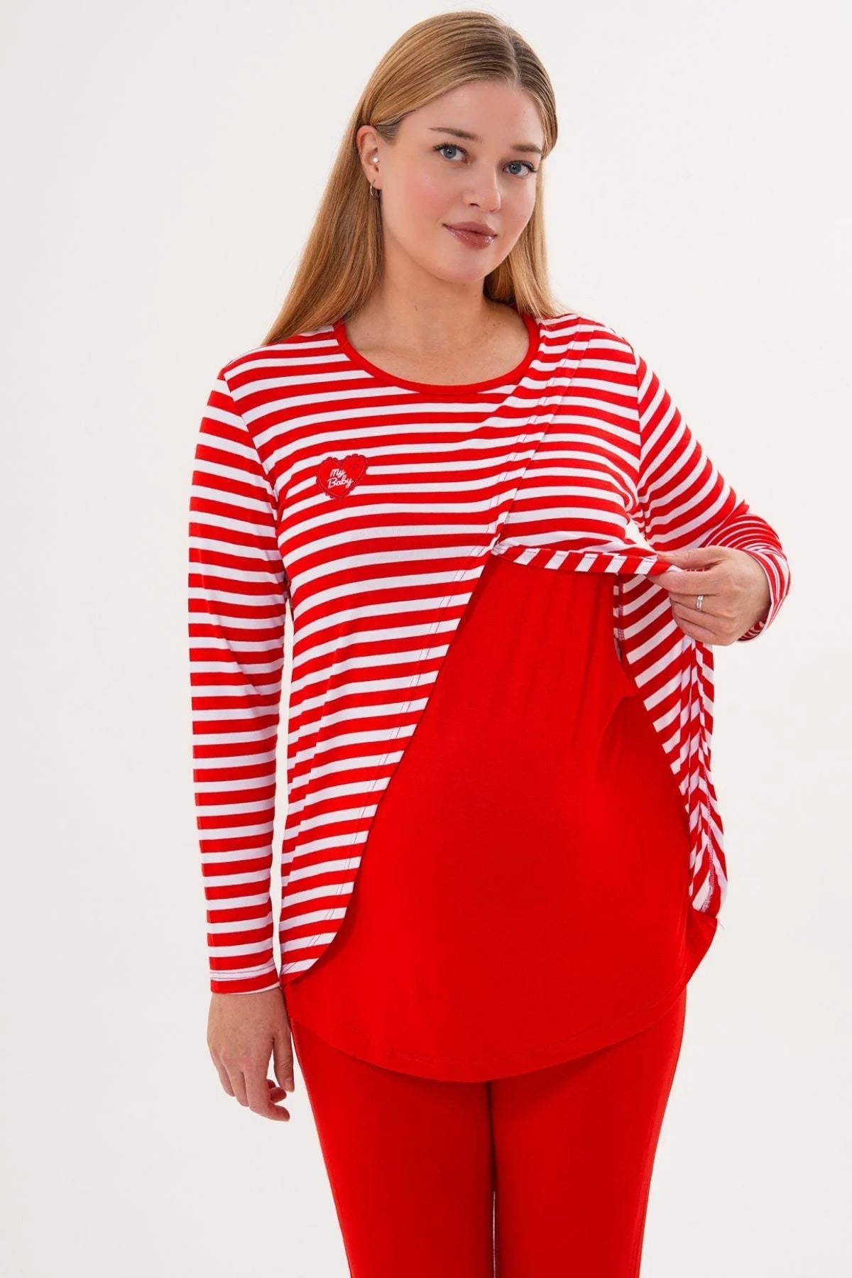 Relaxable Easy Breastfeeding Maternity & Nursing Pajama Set Red - 6303