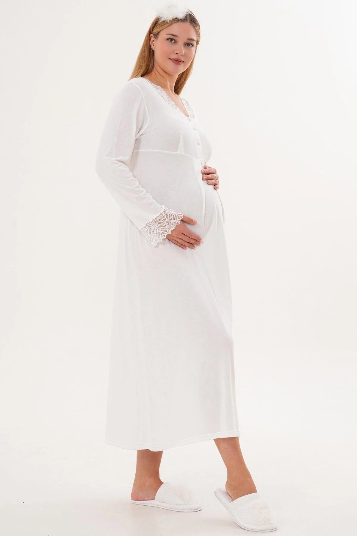 Lace Sleeve and Collar Maternity & Nursing Nightgown Ecru - 6305