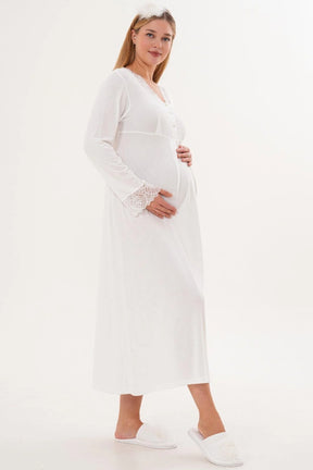 Lace Sleeve and Collar Maternity & Nursing Nightgown (with Scarf) Ecru - 6305s