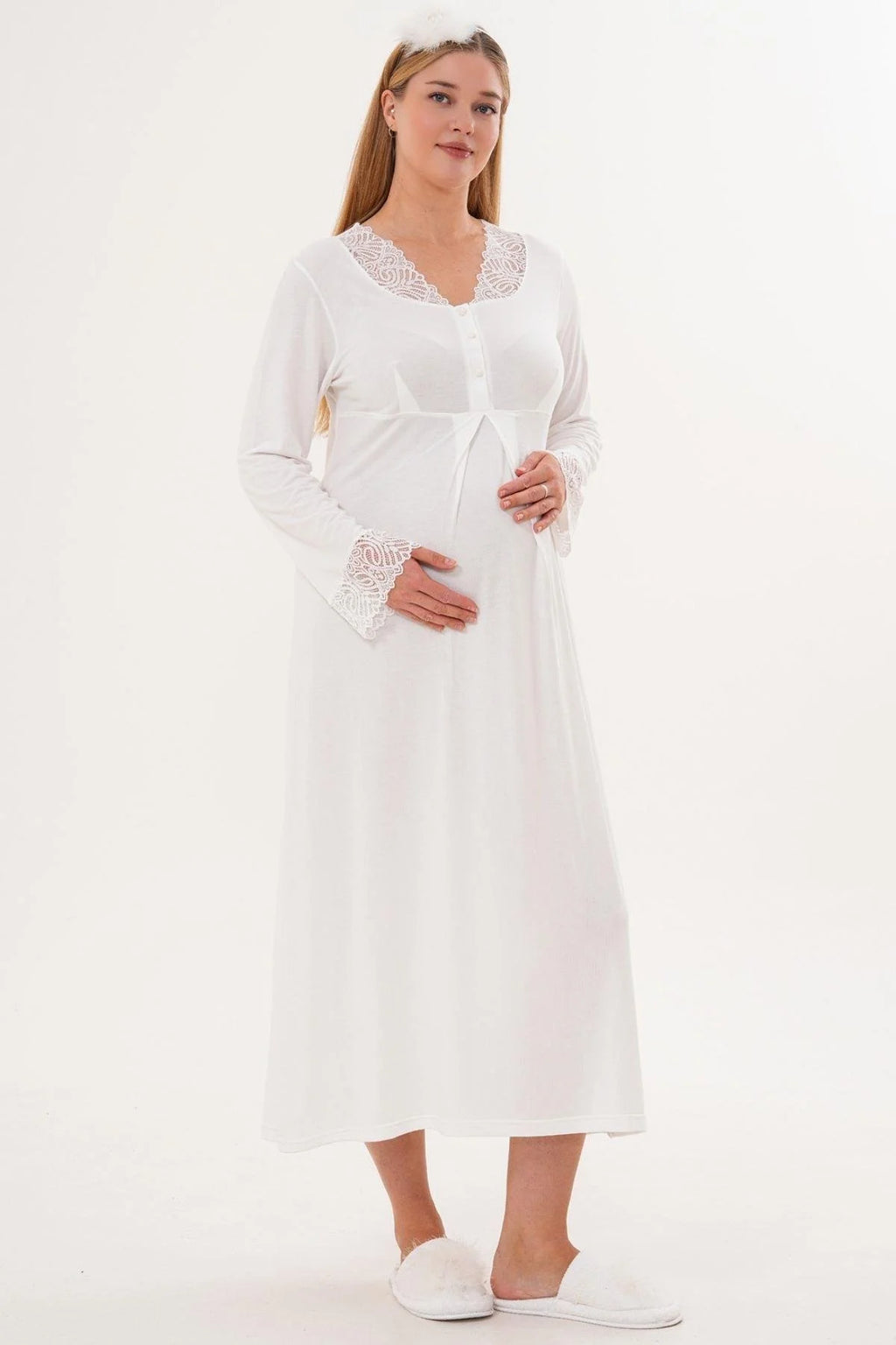 Lace Sleeve and Collar Maternity & Nursing Nightgown (with Scarf) Ecru - 6305s