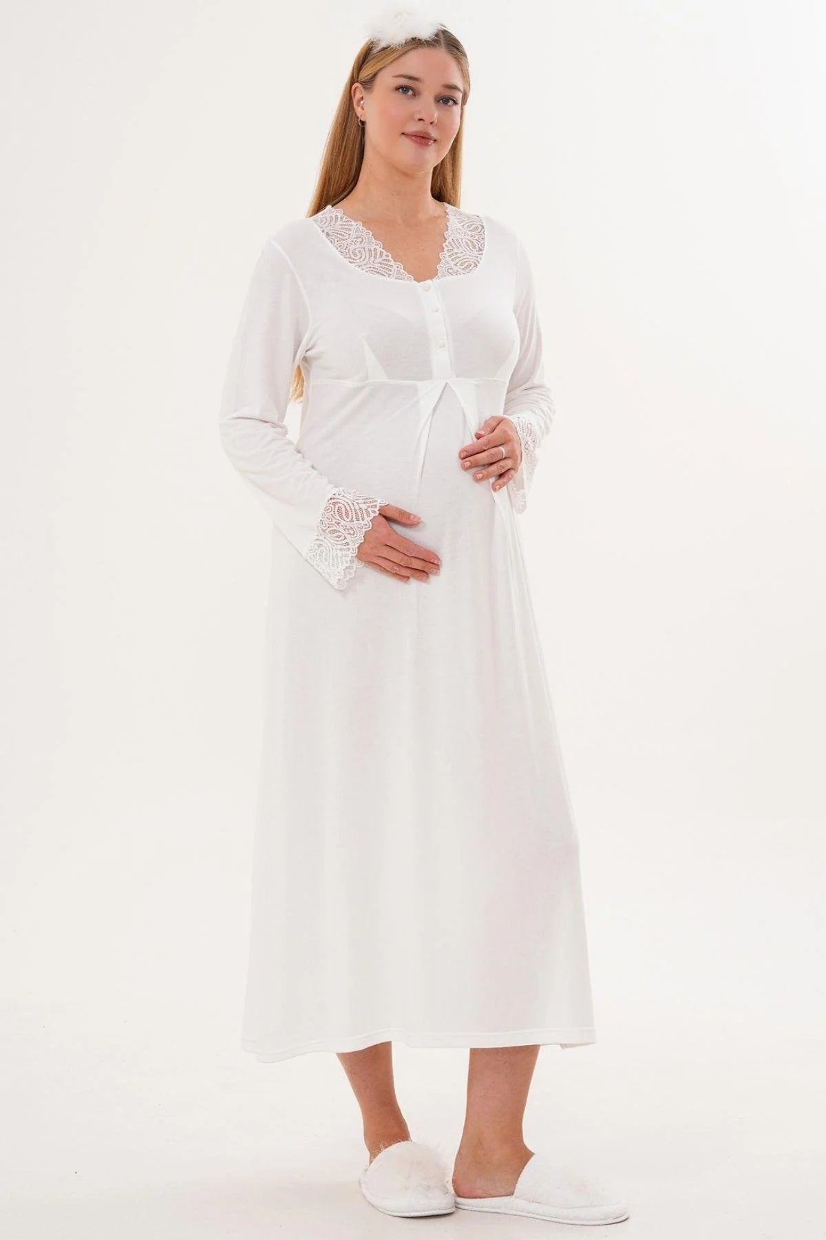 Lace Sleeve and Collar Maternity & Nursing Nightgown (with Scarf) Ecru - 6305s