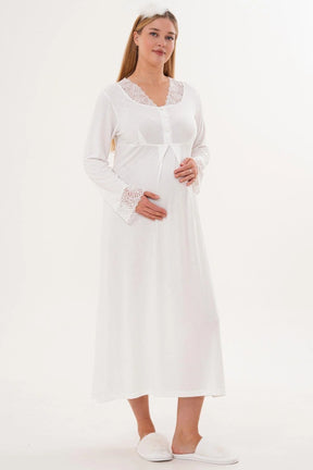 Lace Sleeve and Collar Maternity & Nursing Nightgown (with Scarf) Ecru - 6305s