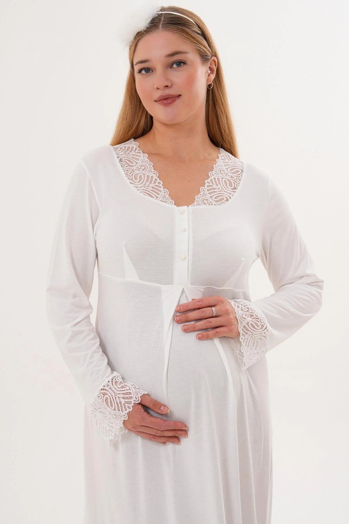 Lace Sleeve and Collar Maternity & Nursing Nightgown (with Scarf) Ecru - 6305s