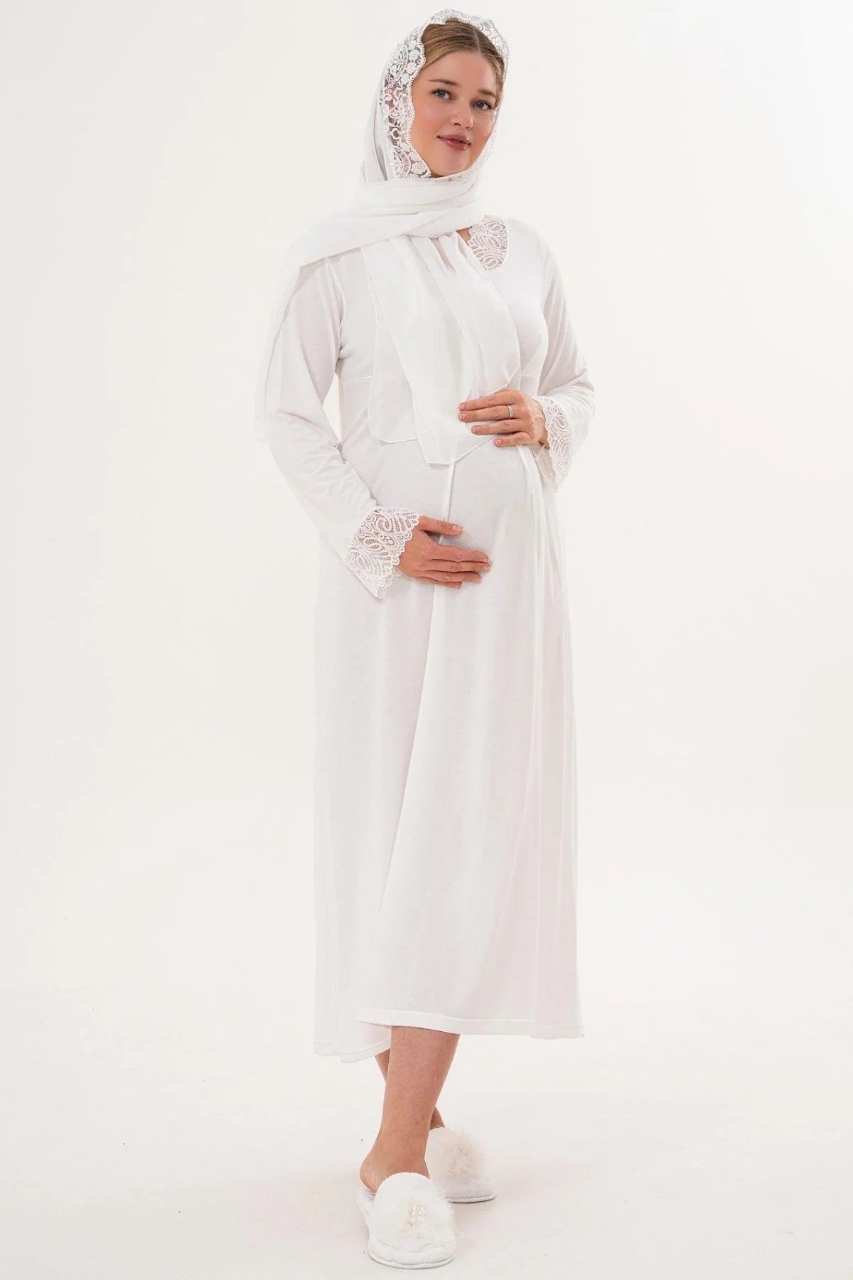 Lace Sleeve and Collar Maternity & Nursing Nightgown (with Scarf) Ecru - 6305s