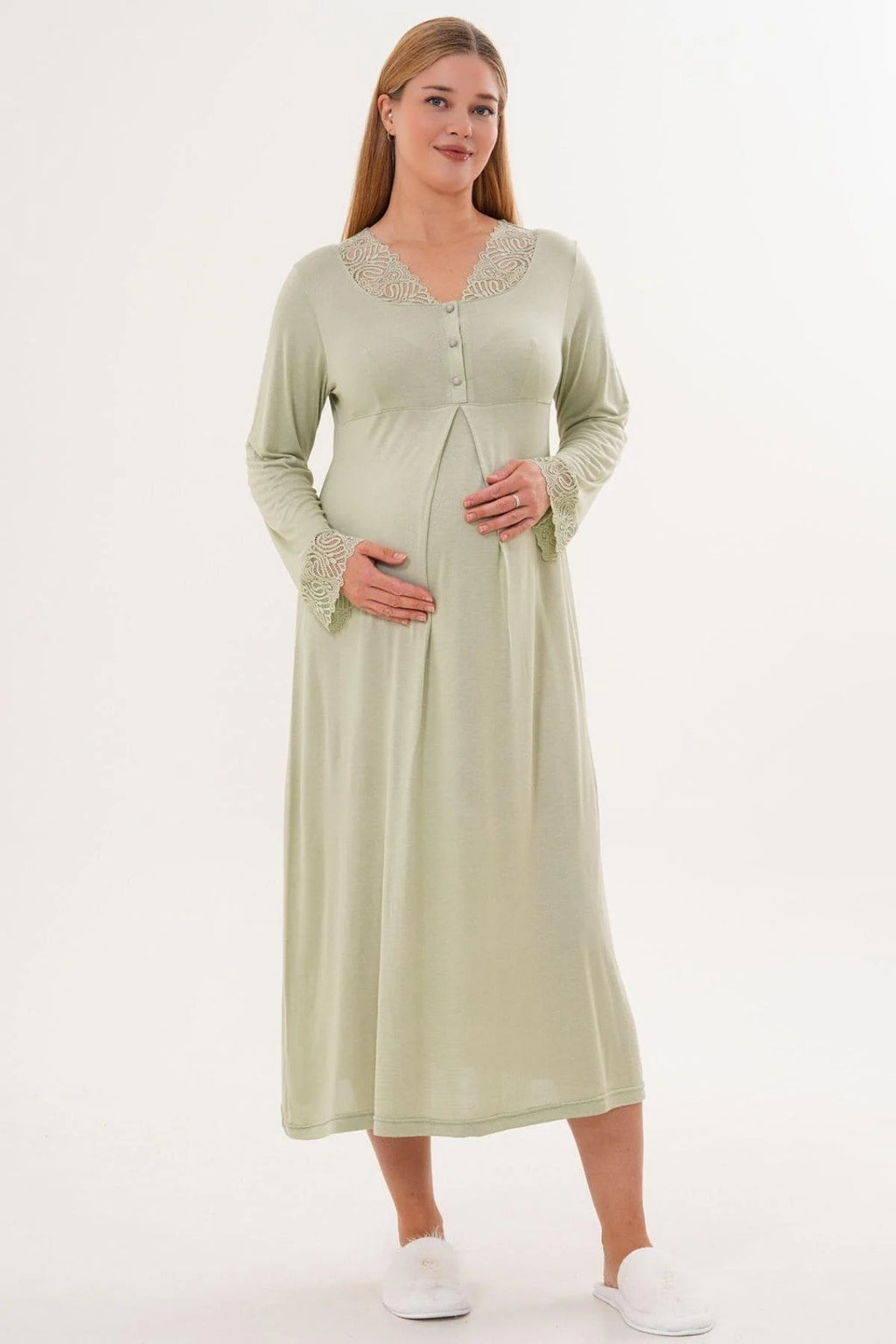Lace Sleeve and Collar Maternity & Nursing Nightgown Green - 6305
