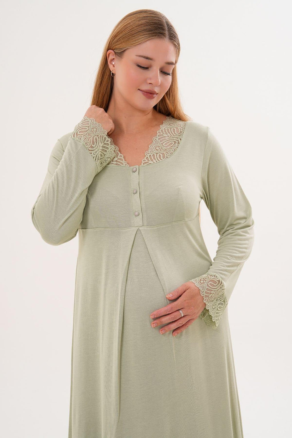 Lace Sleeve and Collar Maternity & Nursing Nightgown Green - 6305