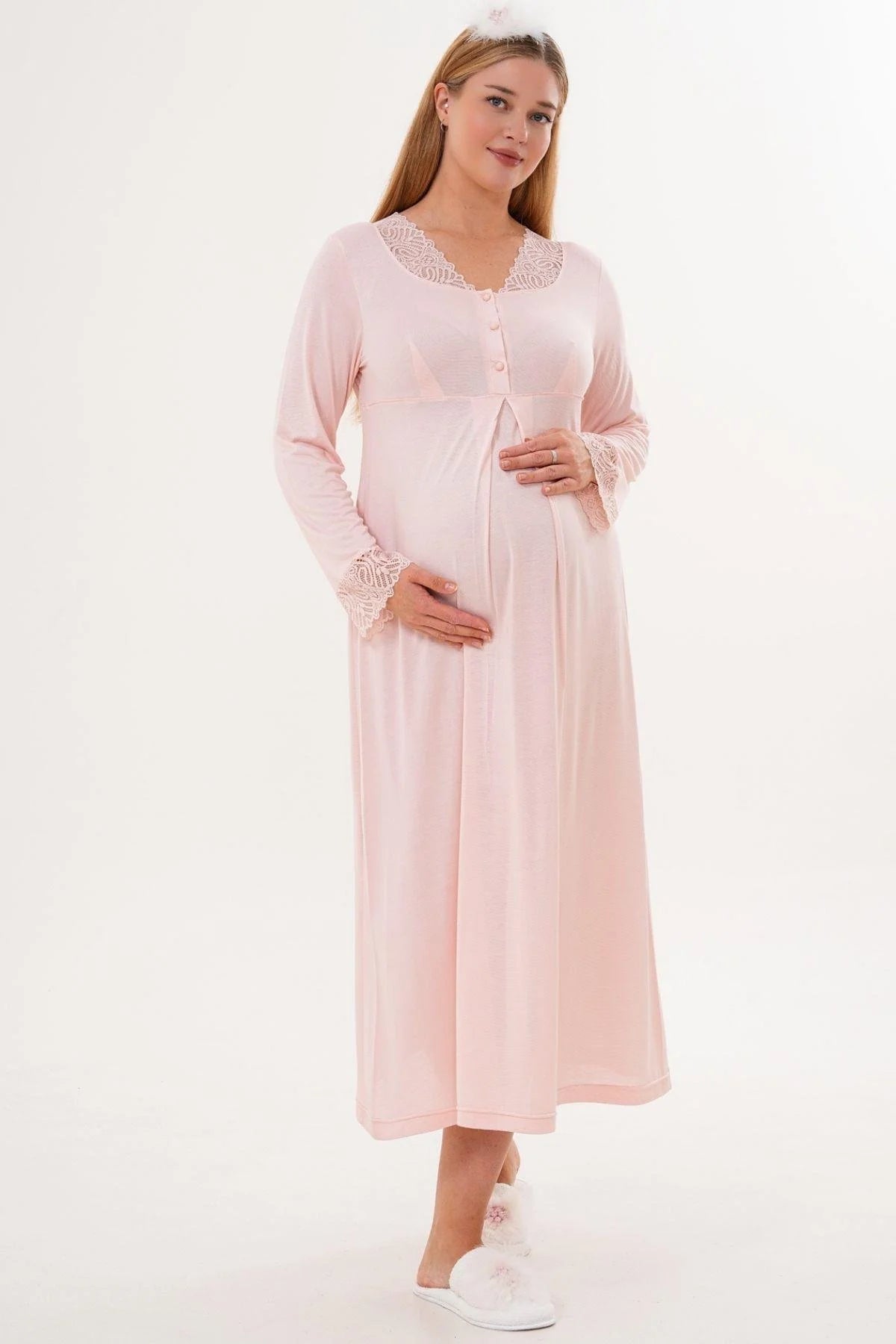 Lace Sleeve and Collar Maternity-Nursing Nightgown & Lace Sleeve Robe Set Powder - 6331