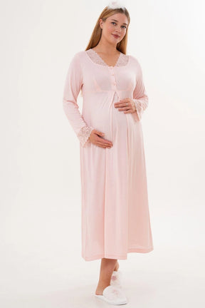 Lace Sleeve and Collar Maternity-Nursing Nightgown & Lace Sleeve Robe Set Powder - 6331