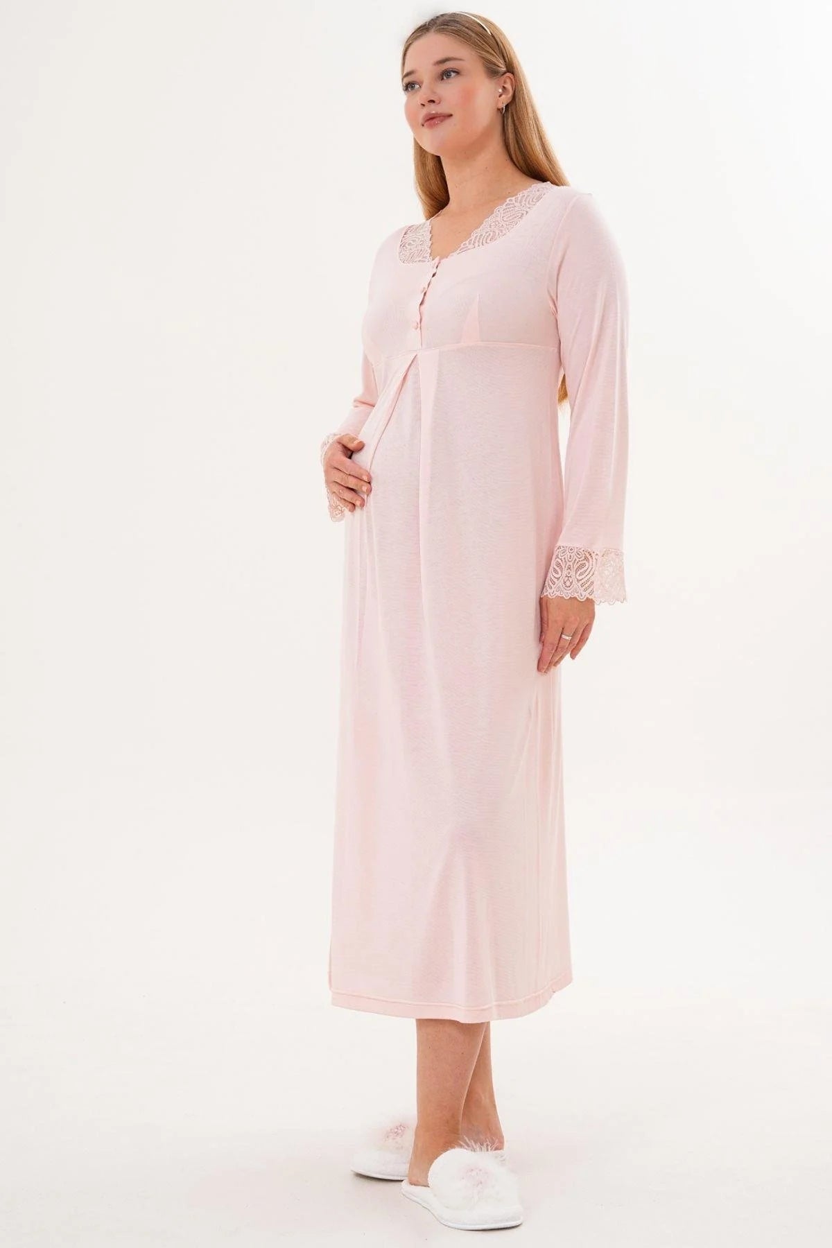 Lace Sleeve and Collar Maternity & Nursing Nightgown Powder - 6305