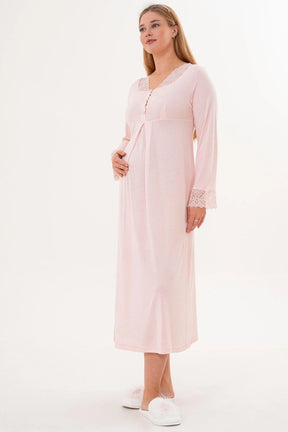 Lace Sleeve and Collar Maternity & Nursing Nightgown Powder - 6305