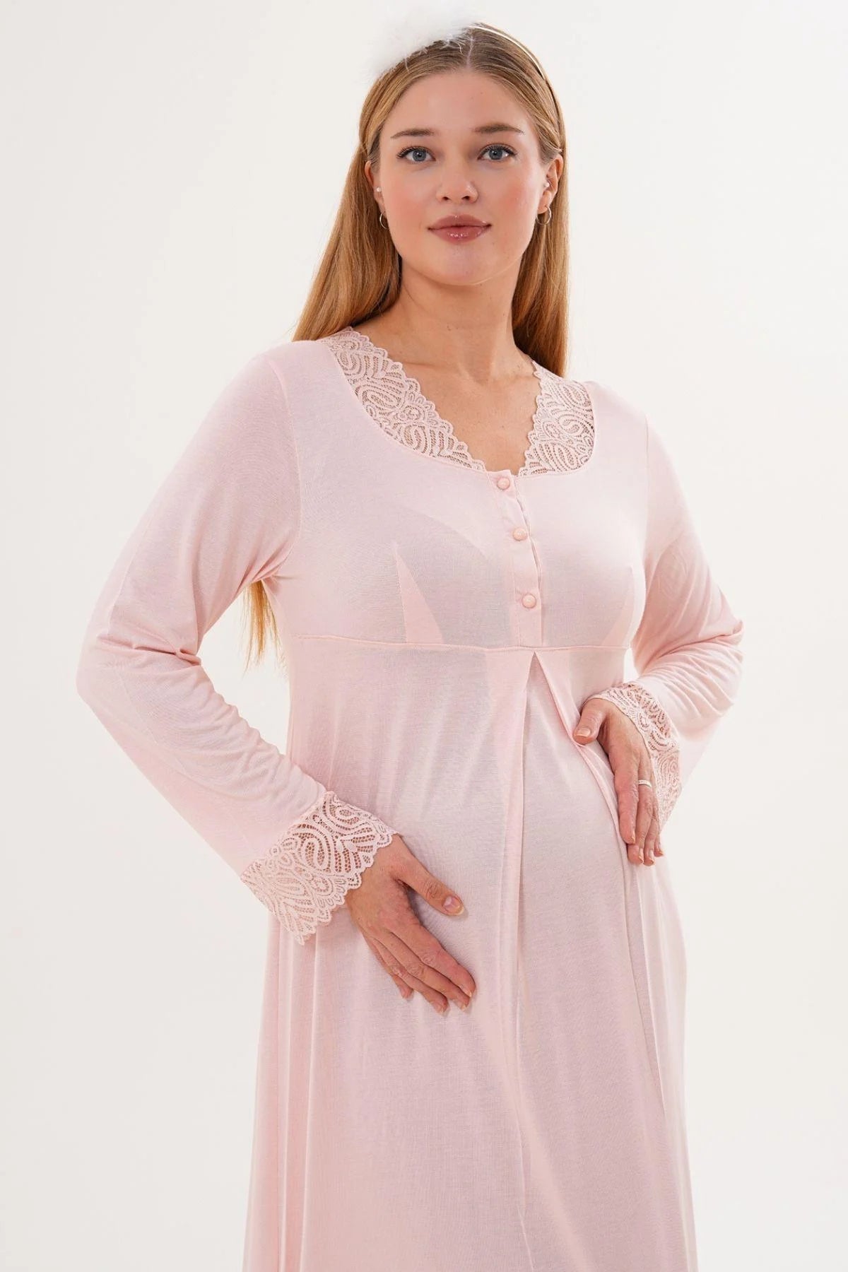 Lace Sleeve and Collar Maternity & Nursing Nightgown Powder - 6305